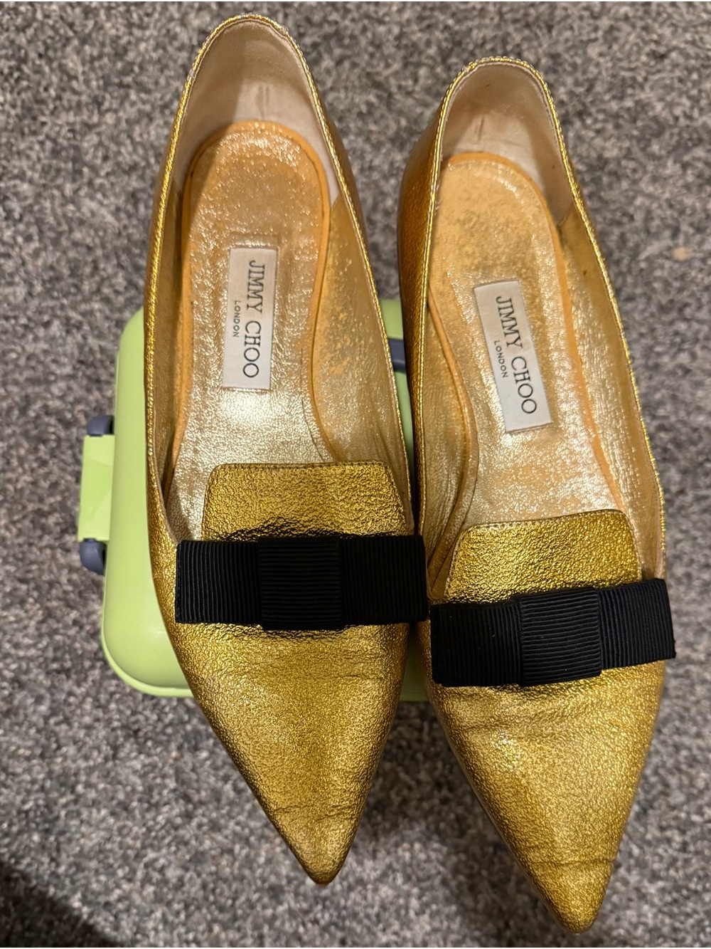 Jimmy Choo Metallic Gold Pointed Flats with Black Grosgrain Bow size 40